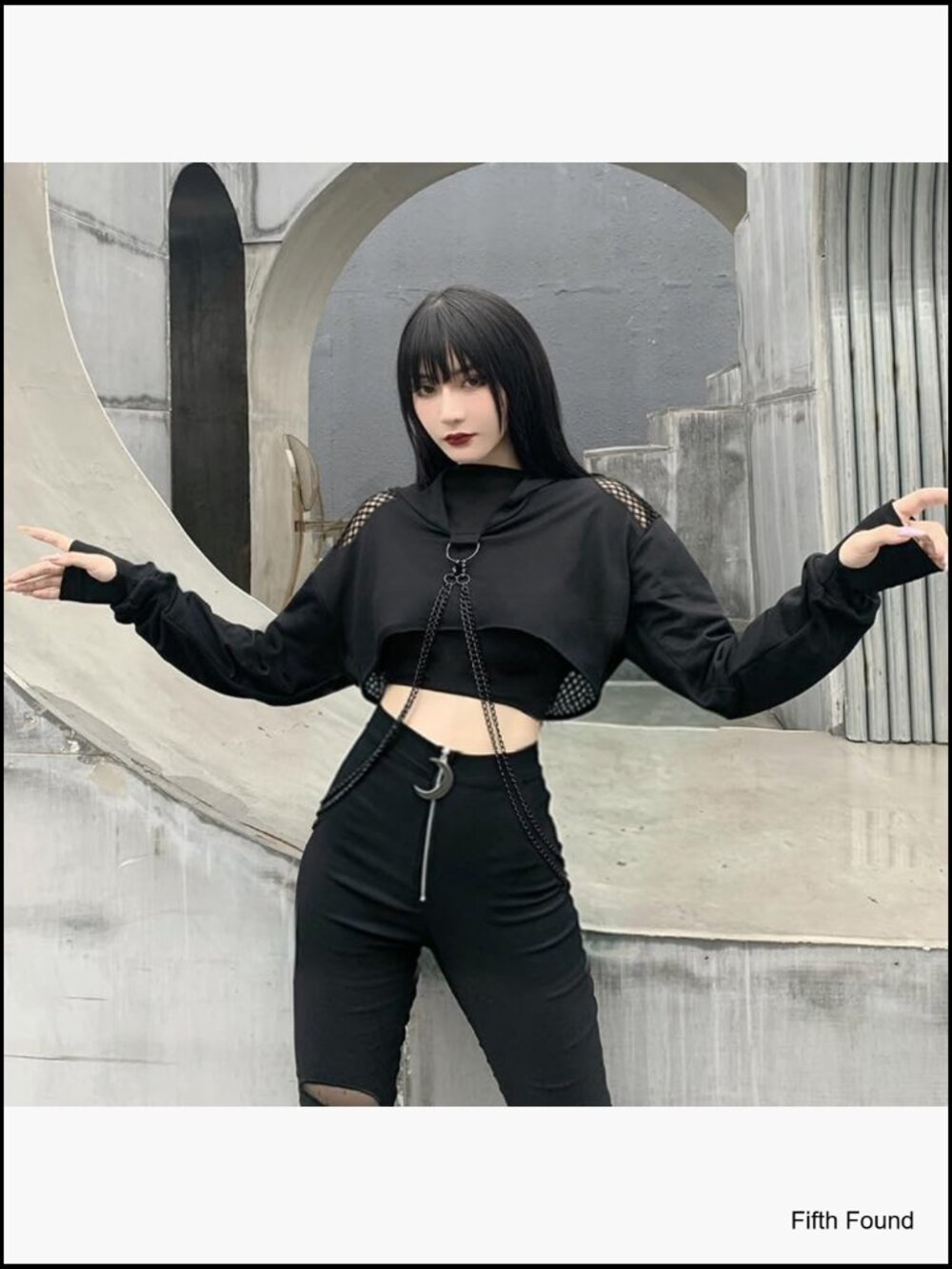 Fishnet Cropped Hoodie with Chain Long Sleeve Mesh Top Festival Rave Outfits - Picture 3 of 7